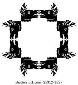Geometrical square animal frame with deer heads from Mexican Aztec codex. Black and white silhouette.