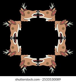 Geometrical square animal frame with deer heads from Mexican Aztec codex. On black background.