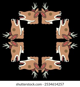 Geometrical square animal frame with deer heads from Mexican Aztec codex. On black background.