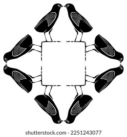 Geometrical square animal frame with kissing quail chicks. Ancient Egyptian bird hieroglyph. Black and white silhouette.
