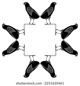 Geometrical square animal frame with quail chicks. Ancient Egyptian bird hieroglyph. Black and white silhouette.