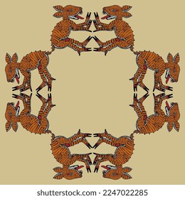 Geometrical square animal frame with stylized deer. Native American art of Aztec Indians. 