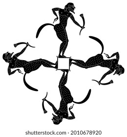 Geometrical square cross design with four ancient Greek satyrs or Silenus holding rhytons of wine. Vase painting style. Fantastic mythological creature. Black and white negative silhouette.