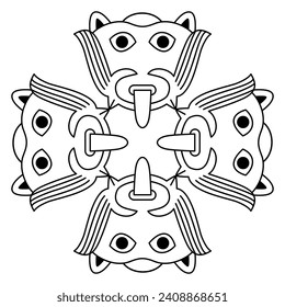Geometrisches quadratisches Kreuzdesign mit vier Stammesmasken. Indianerisches amerikanisches präkolumbianisches Design der Nazca-Indianer aus dem antiken Peru. Schwarz-Weiß-Silhouette.