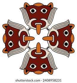 Geometrical square cross shape design with four tribal masks. Native American pre Columbian design of Nazca Indians from ancient Peru. Isolated vector illustration.