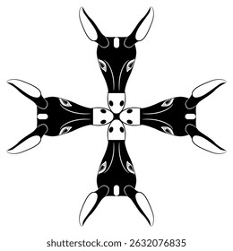 Projeto de forma quadrada geométrica em cruz com quatro cabeças de burro estilizadas. Máscara animal da Grécia Antiga. Silhueta em preto e branco.