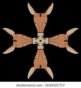 Projeto de forma quadrada geométrica em cruz com quatro cabeças de burro estilizadas. Máscara animal da Grécia Antiga. Estilo de pintura do vaso.