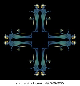Geometrical square cross shape design with standing ancient Egyptian girls holding lotus flowers. Blue and gold art on black background.