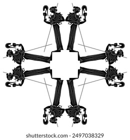 Geometrical square cross shape ethnic design with ancient Greek warrior goddess Athena or Minerva. Vase painting style. Black and white silhouette.