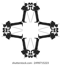 Geometrical square cross shape ethnic design with ancient Greek warrior goddess Athena or Minerva. Vase painting style. Black and white silhouette.
