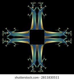 Geometrical square cross shape ethnic design or frame with ancient Egyptian women holding lotus flowers. Blue and gold ornament on black background.