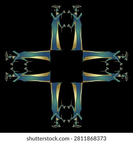 Geometrical square cross shape ethnic design or frame with ancient Egyptian women holding lotus flowers. Blue and gold ornament on black background.