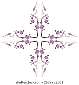 Geometrical square cross shape floral design with blooming branches of martagon lily or or Turk's cap lily. Lilium martagon. Isolated vector illustration.