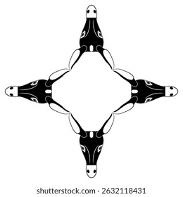 Quadros geométricos de forma quadrada com quatro cabeças de burro estilizadas. Design de animais da Grécia Antiga. Silhueta em preto e branco.