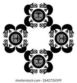 Geometrical square cross shape frame with ethnic Native American design from ancient Peru. Pashash Recuay culture. Black and white silhouette.