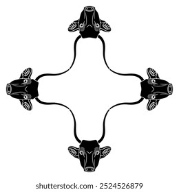 Geometrical square cross shape ornament or frame with four horned cow or bull heads. Ancient Egyptian animal design. Black and whit silhouette.