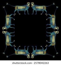 Geometrical square decorative frame with fantastic griffins with lotus tails. Ancient Egyptian animal design. Blue and gold on black background.