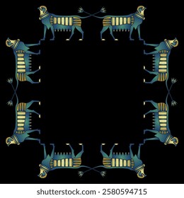 Geometrical square decorative frame with fantastic griffins with lotus tails. Ancient Egyptian animal design. Blue and gold on black background.