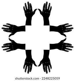 Geometrical square design or frame with human hands. Black and white silhouette.
