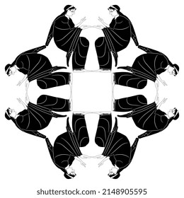 Geometrical square design or frame with seated ancient Greek women or goddesses. Vase painting style. Black and white silhouette.