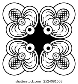 Geometrical square design with vintage motives. Decorative element. Folk style. Black and white silhouette.