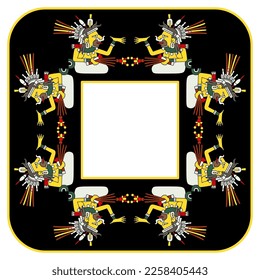 Marco geométrico étnico cuadrado con mujeres aztecas. Diosa Tlazōlteōtl. Del códice mexicano. Sobre fondo negro.