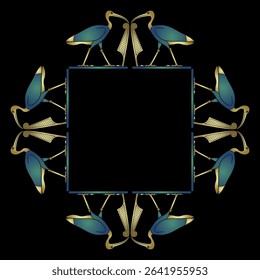 Geometrical square ethnic frame design with sacred ibises. Ancient Egyptian god Thoth as sacred bird holding Maat feather.