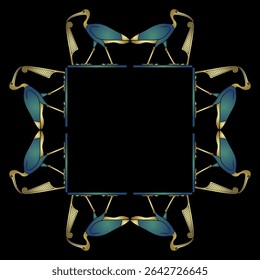 Geometrical square ethnic frame design with sacred ibises. Ancient Egyptian god Thoth as sacred bird holding Maat feather.