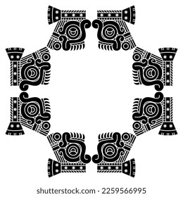 Geometrical square ethnic frame with heads of Aztec god of rain Tlaloc. Native American design from Mexican codex. Black and white silhouette.