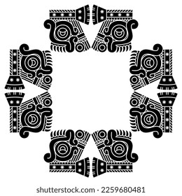 Geometrical square ethnic frame with heads of Aztec god of rain Tlaloc. Native American design from Mexican codex. Black and white silhouette.