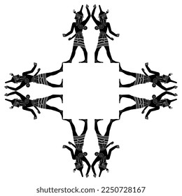 Geometrisches quadratisches Rahmendesign mit antiken Hittite-Männern. Gott Baal. Schwarz-Weiß-Silhouette. Ugarit Kanarische Kultur.
