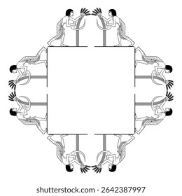 Geometrical square frame with ethnic ancient Egyptian harvest motifs. Men reaping cereal grass with a sickles. Black and white linear silhouette.