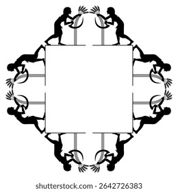 Quadrado geométrico quadrado com motivos étnicos de colheita egípcia antiga. Homens colhendo grama de cereais com foices. Silhueta preta sobre fundo branco.