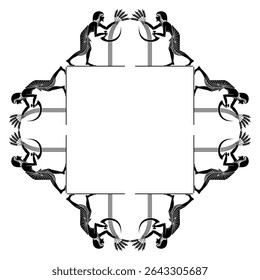 Quadrado geométrico quadrado com motivos étnicos de colheita egípcia antiga. Homens colhendo grama de cereais com foices. Silhueta em preto e branco.