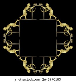 Quadrado geométrico quadrado com motivos étnicos de colheita egípcia antiga. Homens colhendo grama de cereais com foices. Silhueta brilhante dourada sobre fundo preto.