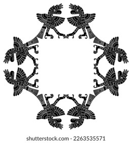 Geometrical square frame with ethnic Native American symbols. Standing or dancing eagle birds with open wings. Animal design of Aztec Indians from Mexican codex. Black and white silhouette.