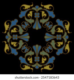 Geometrical square frame with floral motifs. Vintage style. On black background.