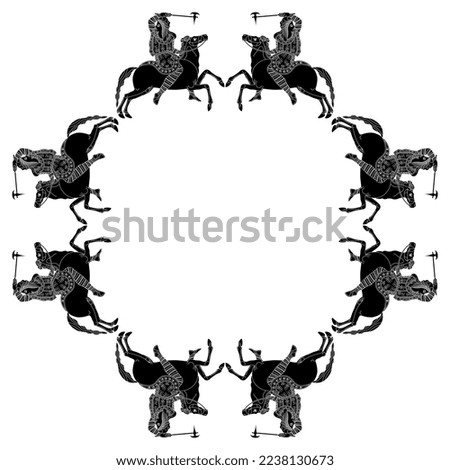 Geometrical square frame with Scythian amazon women riding horses and holding battle axes. Ancient Greek vase painting style. Black and white silhouette.