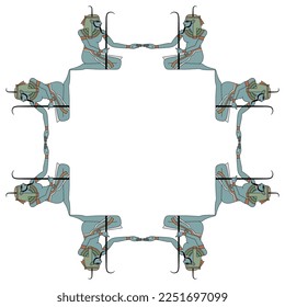 Geometrical square frame with seated ancient Egyptian men. Nile god Hapi. Isolated vector illustration.