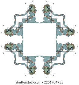Geometrical square frame with seated ancient Egyptian men. Nile god Hapi. Isolated vector illustration.