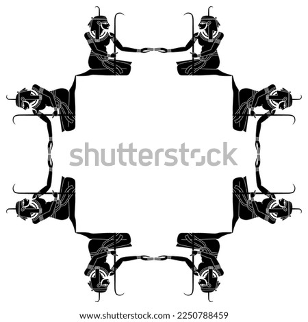 Geometrical square frame with seated ancient Egyptian men. Nile god Hapi. Black and white silhouette.