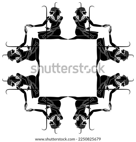 Geometrical square frame with seated ancient Egyptian men. Nile god Hapi. Black and white silhouette.