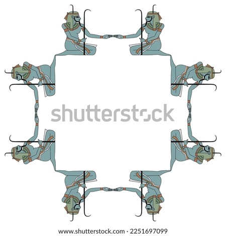 Geometrical square frame with seated ancient Egyptian men. Nile god Hapi. Isolated vector illustration.