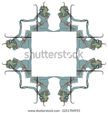 Geometrical square frame with seated ancient Egyptian men. Nile god Hapi. Isolated vector illustration.