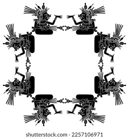 Geometrical square frame with seated Aztec goddesses. Native American art from Mexican codex. Indigenous mythology. Black and white silhouette.