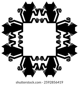 Geometrical square frame with stylized cats. Native American animal design from ancient Peru. Nazca culture. Black silhouette on white background.