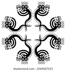 Geometrical square ornament or frame with fantastic creatures. Cactus demon from Nazca pottery. Native American art of ancient Peru. Indigenous Peruvian mythology. Black and white silhouette.