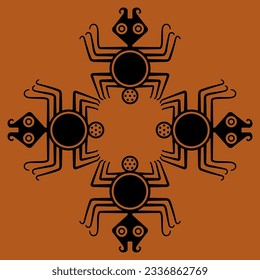 Geometrical square ornament or frame with four stylized spiders. Halloween design. Native American animal motif of Moche Indians of ancient Peru. Black and orange silhouette.