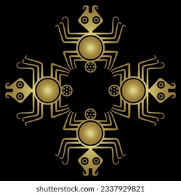 Geometrical square ornament or frame with four stylized spiders. Native American animal motif of Moche Indians of ancient Peru. Golden glossy silhouette on black background.