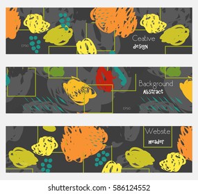 Geometrical squares and scribbles black banner set. Hand drawn textures creative abstract design. Website header social media advertisement sale brochure templates. Isolated on layer